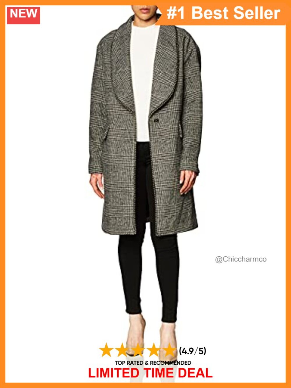 Wool Blend Overcoat Faux Leather Elbow Pads Pearl Detail Button Loose Fit